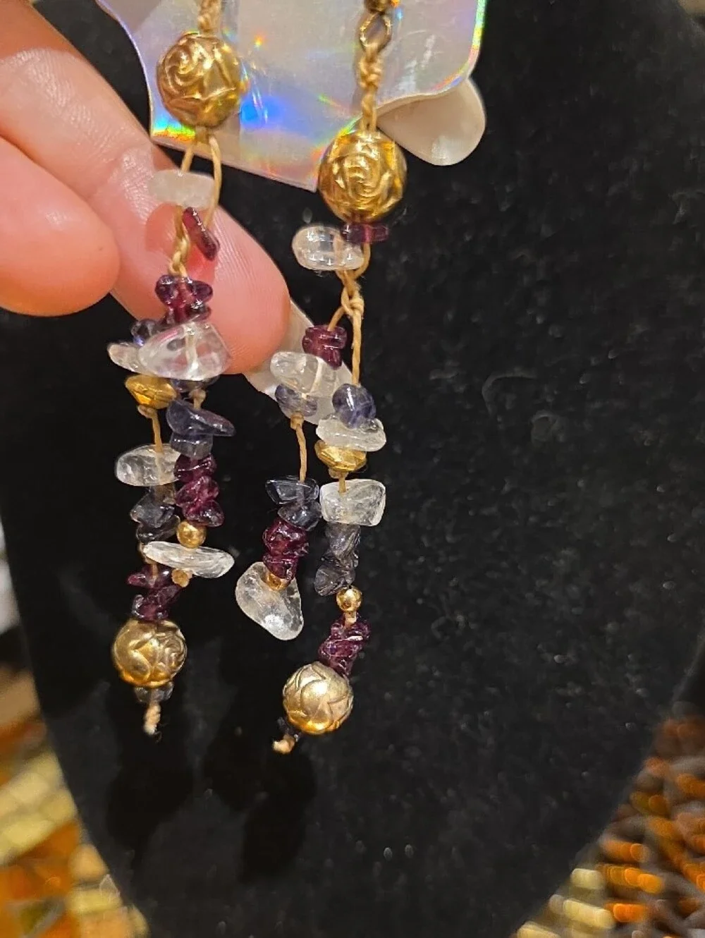 Vintage Gold-Tone Garnet & Clear Crystal Chip Dangle Earrings